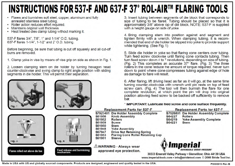 537F 37° ROLAIR™ Flaring Tool for Hydraulic or Stainless tube & pipe